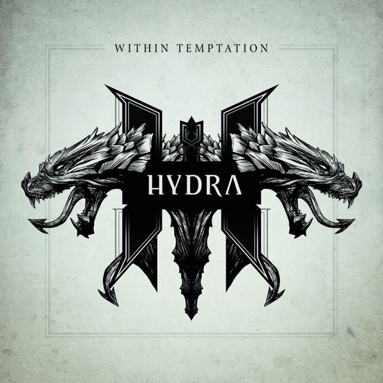 Albumhoes van Within Temptation 'Hydra' met een zwarte tweekoppige draak op een lichtgrijze achtergrond.