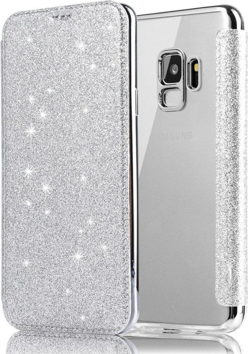 Geschikt voor Samsung Galaxy S9 Flip Case - Zilver - Glitter - PU leer - Soft TPU - Folio