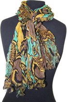 Dames sjaal met print - gekreukt katoen - taupe - zwart - okergeel - turquoise - 35 x 180 cm