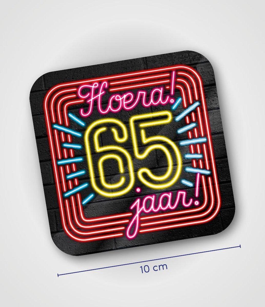Neon glas onderzetters - Hoera 65 jaar - 6 stuks