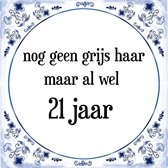 Verjaardag Tegeltje met Spreuk (21 jaar: Nog geen grijs haar, maar al wel 21 jaar + cadeau verpakking & plakhanger