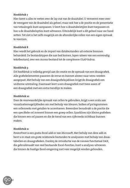 Pagina's 2 van het boek 'Excel: Draaitabellen' met de tekst van Hoofdstuk 7 t/m 11.