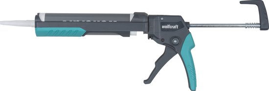 Wolfcraft kitspuit met antracietgrijze en teal greep, geïsoleerd op witte achtergrond.