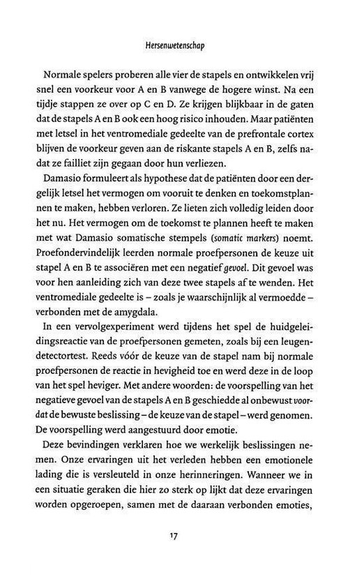 Pagina 17 met tekst over een experiment met een spel, beslissingen en emoties.