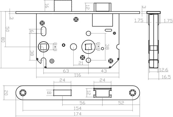 Technische tekening van een slot met afmetingen in mm.