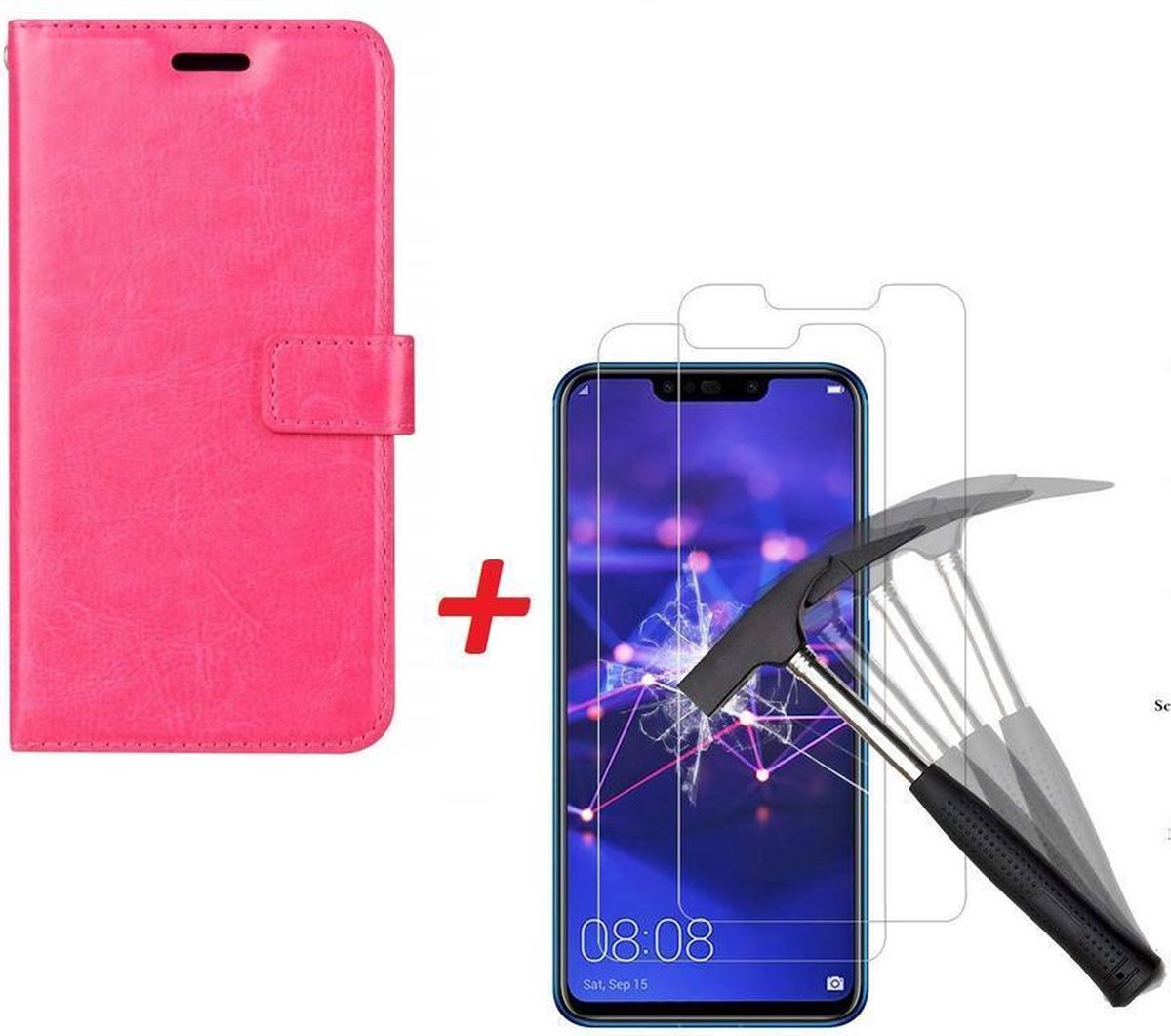 Huawei P Smart Plus (2018) Portemonnee hoesje roze met Tempered Glas Screen protector