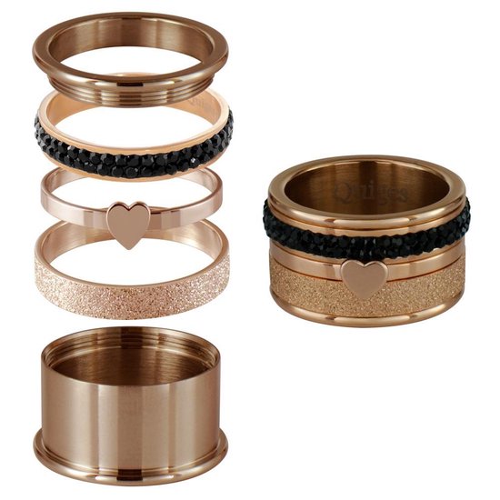 Gouden stapelring met zwarte zirkonia, hartje en glitterband. Losse ringen.
