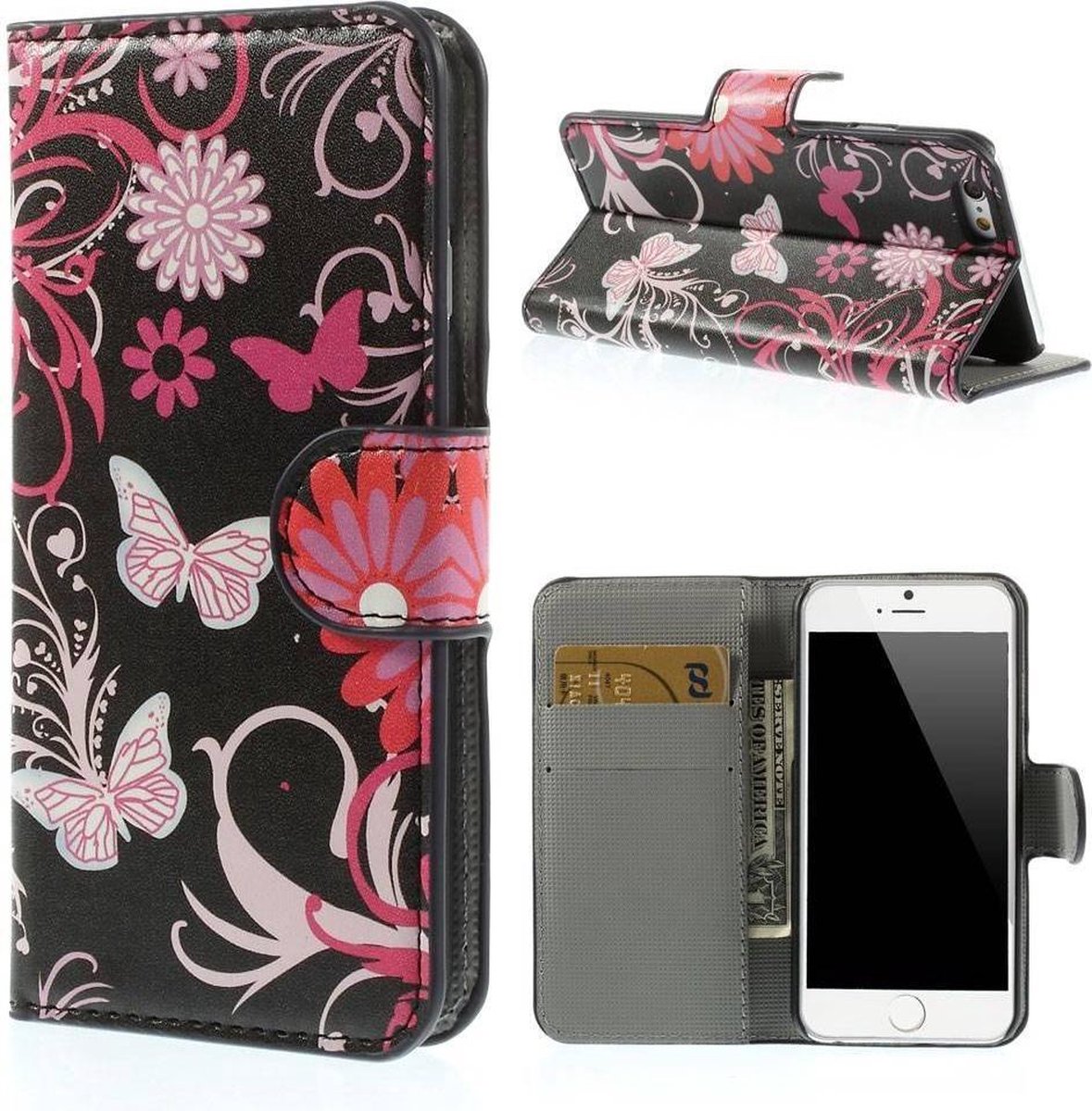 PU Leren Wallet iPhone 6(s) - Vlinders en bloemen-Zwart