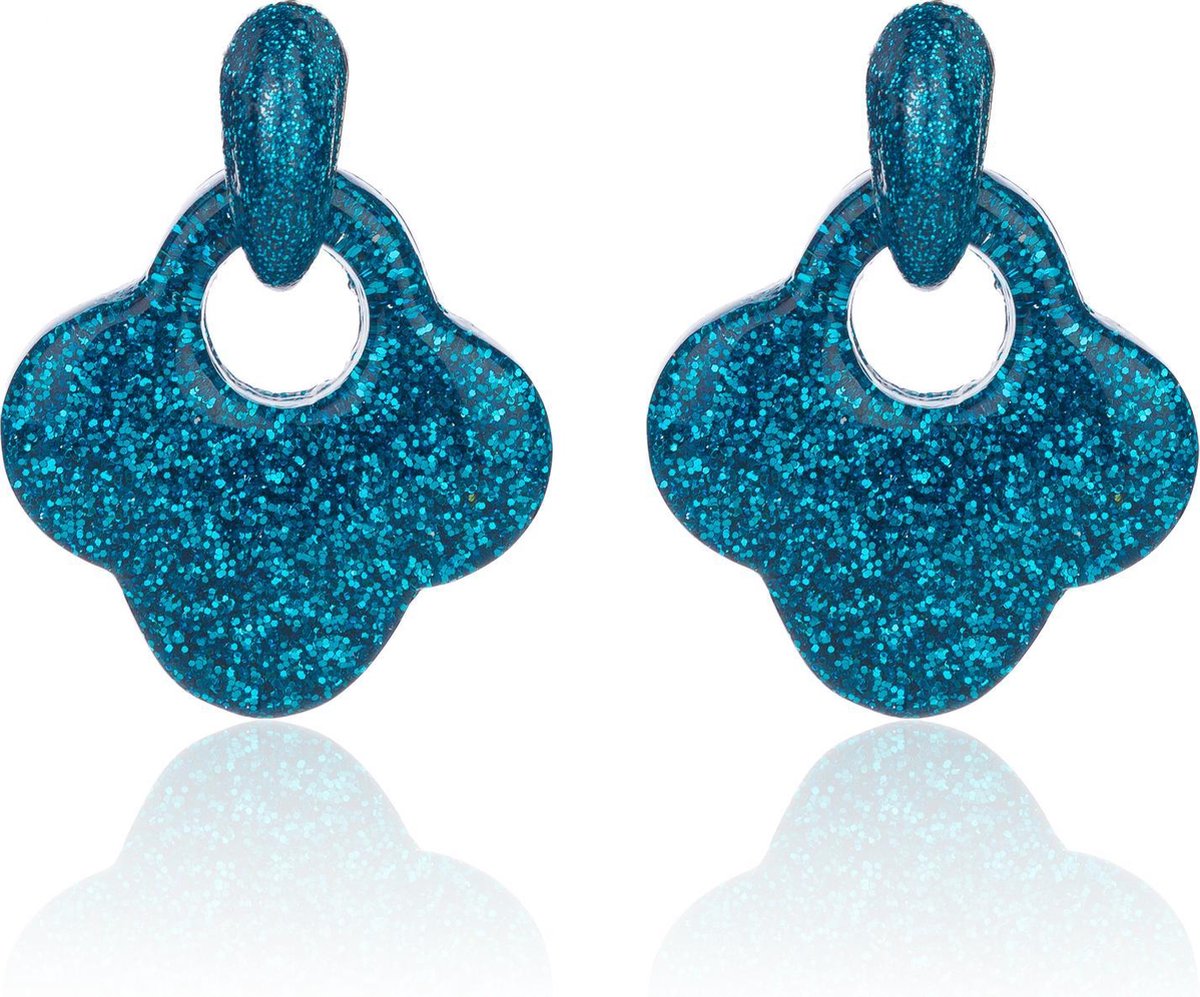Oorbellen Met Glitters - Blad - Oorhangers 4x4 cm - Blauw