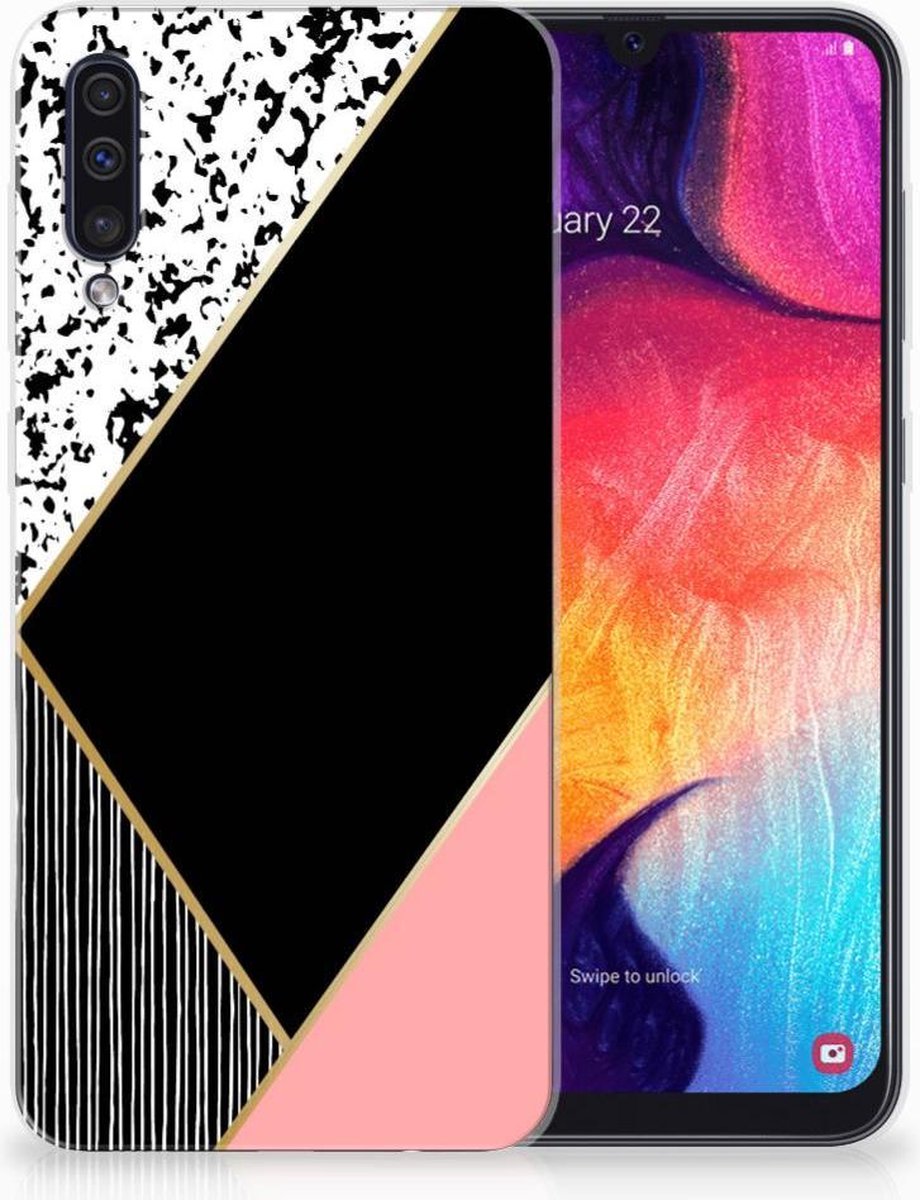 Samsung Galaxy A50 TPU Hoesje Zwart Roze Vormen