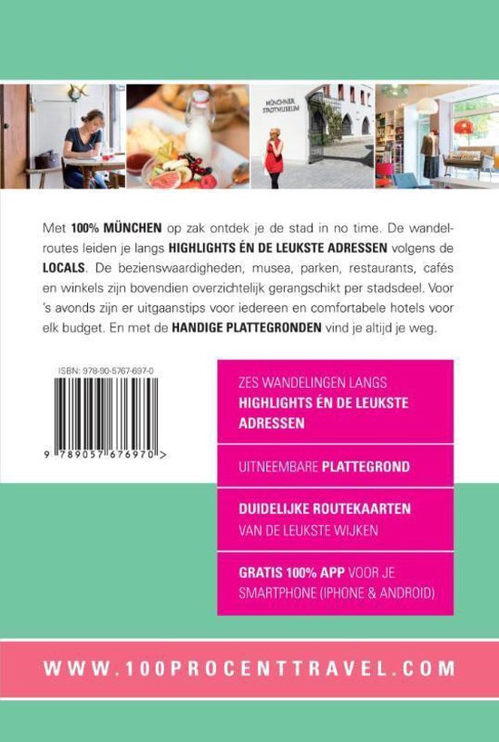 Achterkant van '100% München' boek met foto's van bezienswaardigheden en tekst over de inhoud.
