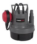 Grijze Powerplus dompelpomp met rode vlotterschakelaar en zwarte basis.