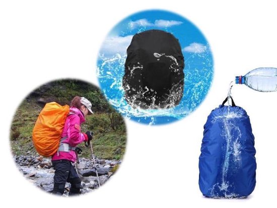 Een hiker draagt een oranje rugzak, een blauwe hoes met water wordt getoond, en een zwarte hoes onder de douche.