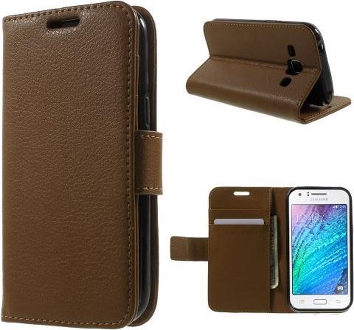 Litchi Wallet hoesje Geschikt voor: Samsung Galaxy J1 2015 bruin