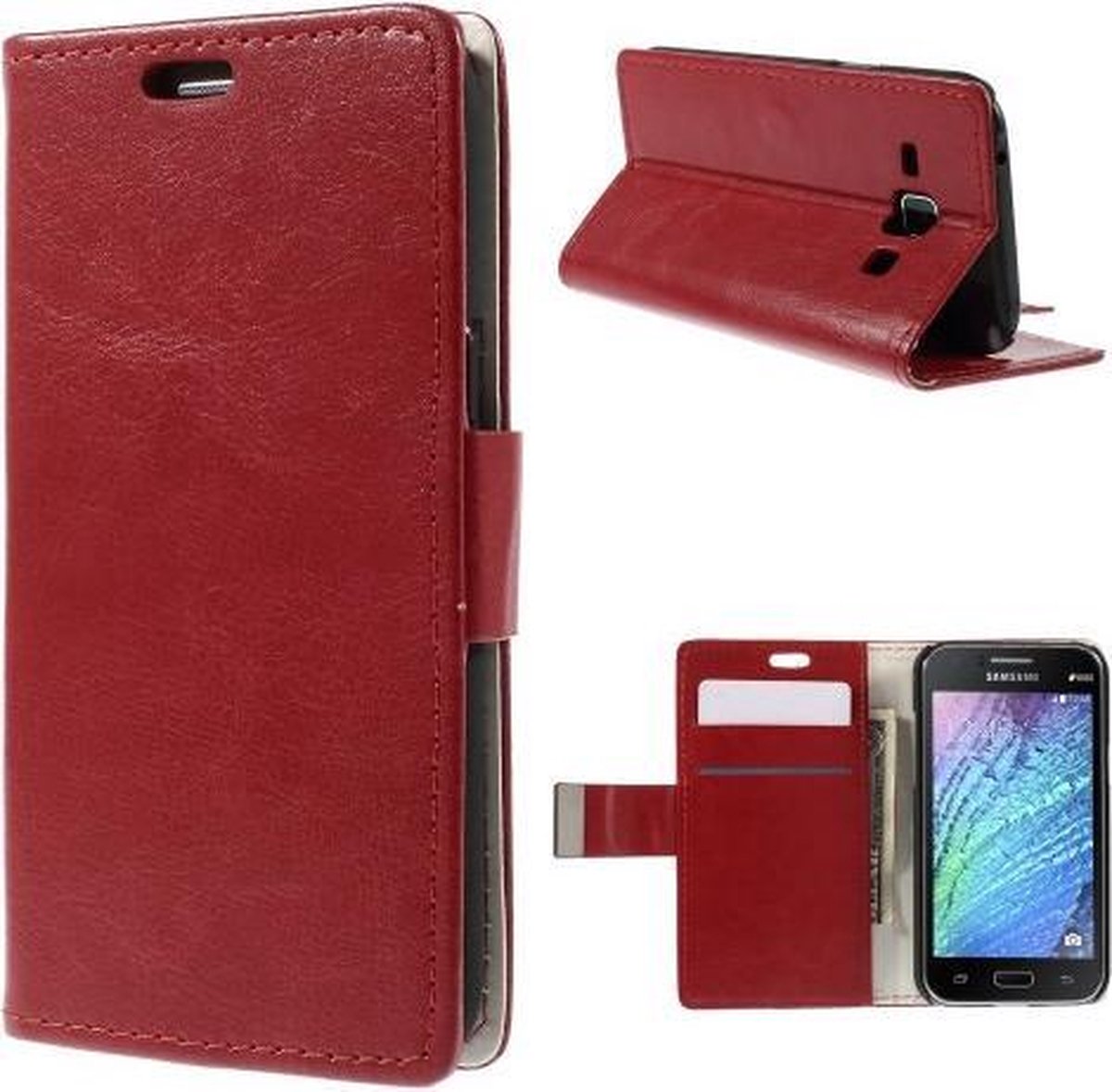 Magnetic bookcase wallet cover hoesje Geschikt voor: Samsung Galaxy J1 2015 rood