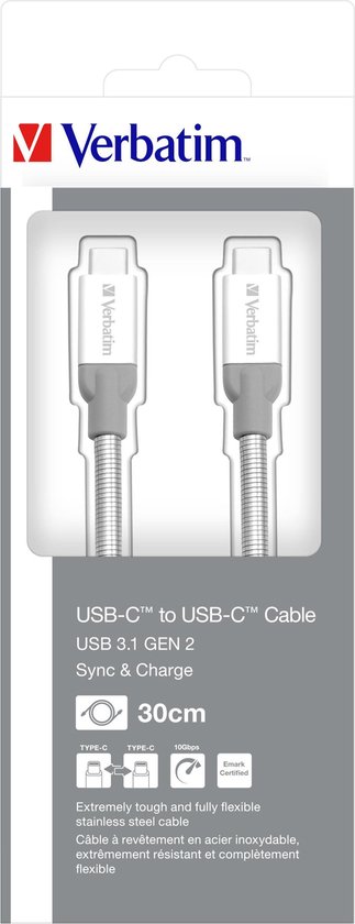 Verbatim Roestvrij stalen sync- & oplaadkabel USB-C naar USB-C - USB 3.1 - 30 cm