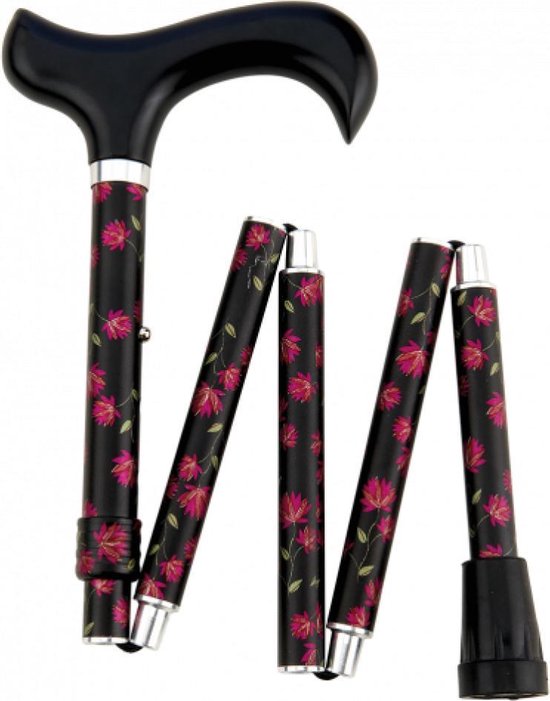 Opvouwbare wandelstok met zwart handvat en zwart met bloemenprint.