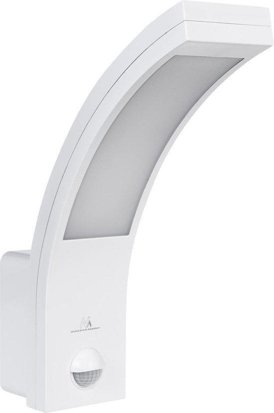 Witte gebogen LED-wandlamp met bewegingssensor en Maclean Energy logo.