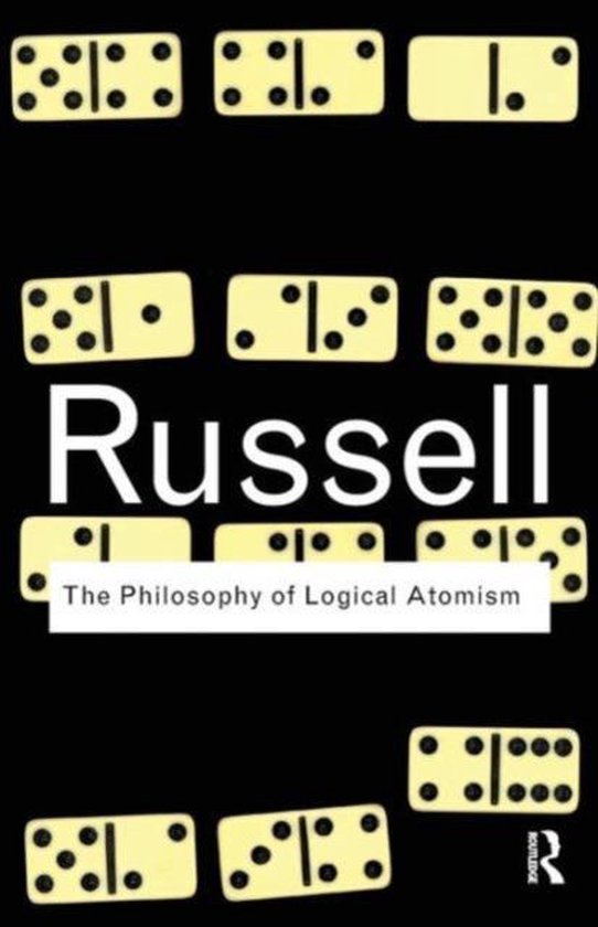 Boekomslag met domino's en de titel 'Russell - The Philosophy of Logical Atomism' op een zwarte achtergrond.