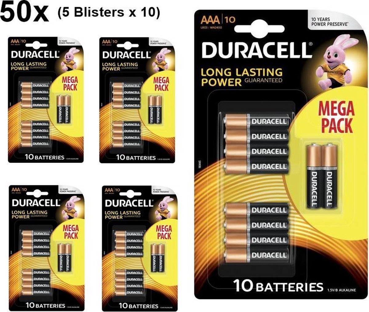 50 Stuks (5 Blisters a 10st) - Duracell MEGA PACK LR03 / AAA / R03 / MN 2400 1.5V alkaline batterij