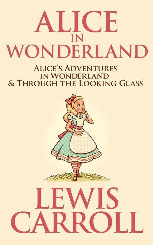 Boek kaft met de titel Alice in Wonderland door Lewis Carroll. Met een illustratie van Alice.