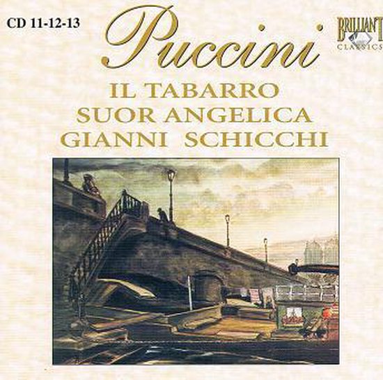 CD hoes met de titel Puccini: Il Tabarro, Suor Angelica, Gianni Schicci. Illustratie van een brug en een boot.