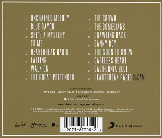 Albumhoes met tracklist, productiedetails en logo's van Sony Music, Legacy Recordings en Monument Records. Tekst: Unchained Melody, Blue Bayou, She's a Mystery, To Me, Heartbreak Radio, Falling, Walk On, The Great Pretender, The Crowd, The Comedians, Crawling Back, Danny Boy, Too Soon To Know, Careless Heart, California Blue, Heartbreak Radio duet with Cam.