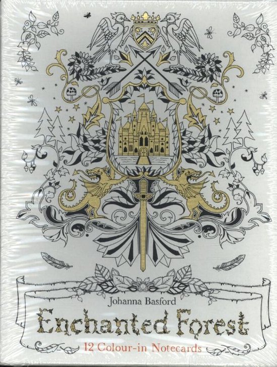 Cartes à colorier Enchanted Forest, 12 cartes avec château et dragons, détails en noir, blanc et doré.