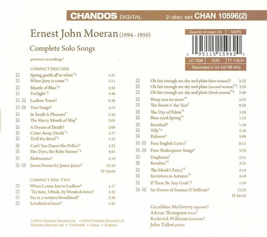 CD-hoes met tracklist E.J. Moeran Complete Solo Songs.