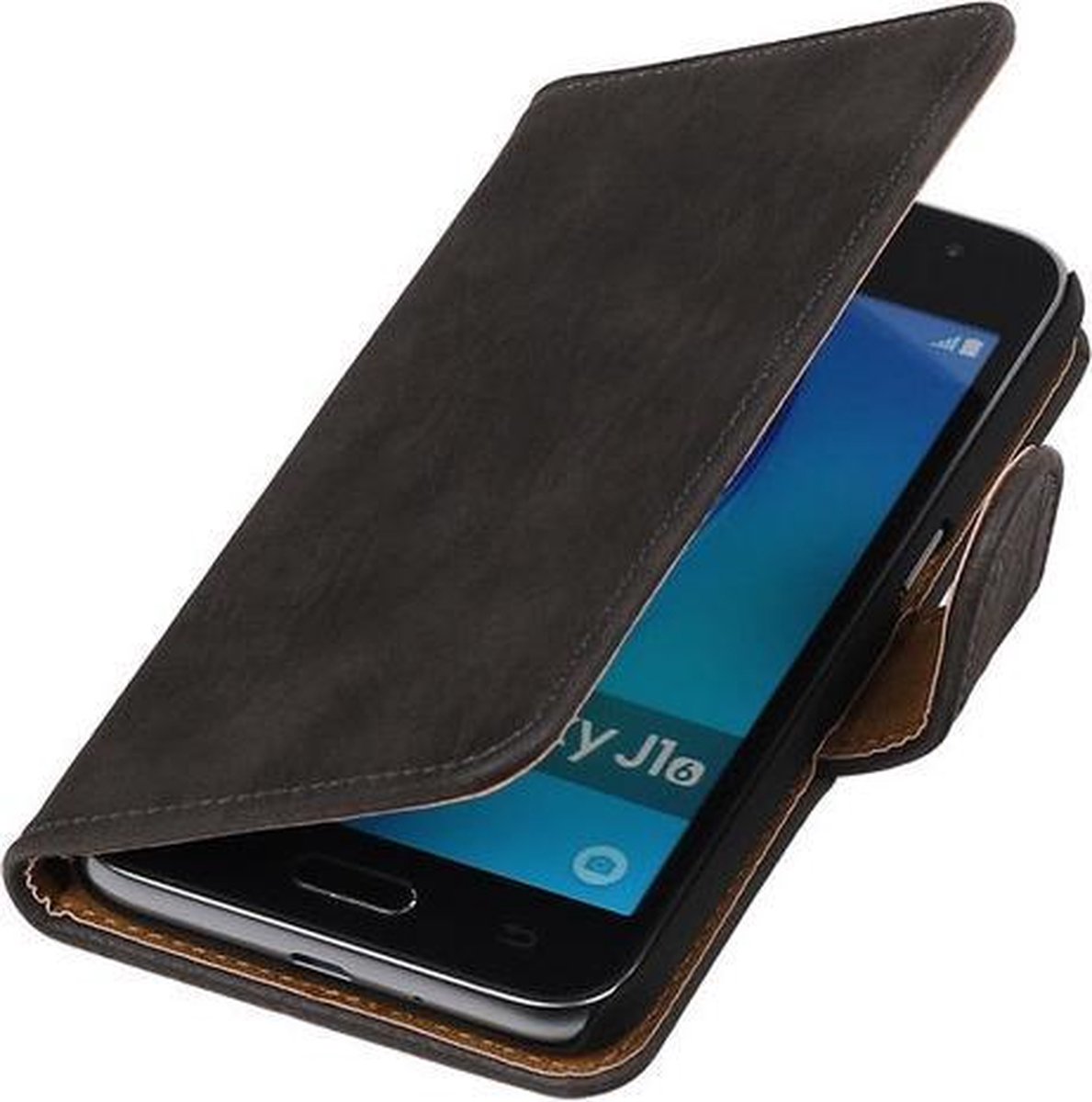 Grijs Hout booktype cover hoesje voor Samsung Galaxy J1 (2016)