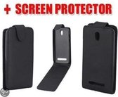 HTC Desire 500 zwart leer flip tasje hoesje + screenprotector
