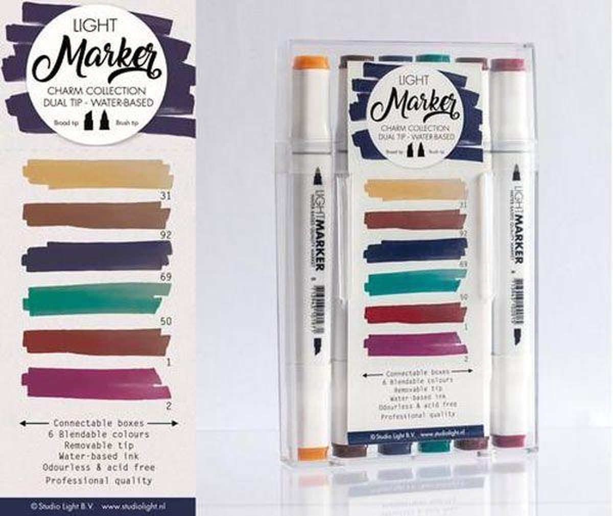 Afbeelding van product Studio Light  Charm - Box 6 water based dual tip markers bright
