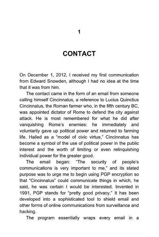 Contact avec Edward Snowden et introduction du chiffrement PGP pour des communications sécurisées, avec une référence à Cincinnati.