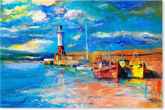 Canvas Schilderij Landschap - Vuurtoren en boten bij zee
