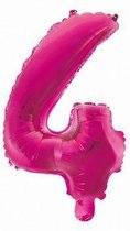 Folie Ballon Cijfer 4 Roze 41cm met rietje