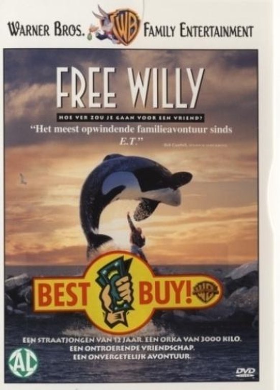 Vrij Willy DVD: Een jongen en een orka, met 'Best Buy!' logo op de voorkant.