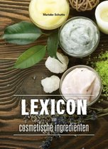 Boekomslag met potjes crème in de kleuren geel, grijs en roze, omringd door lavendel, bladeren en steentjes. Titel: Lexicon van cosmetische ingrediënten.