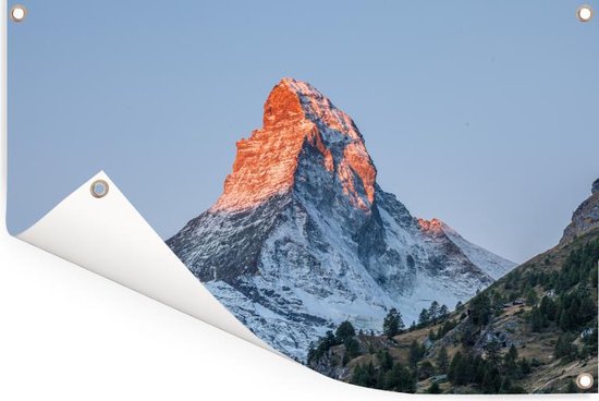 Tuinposter 120x80 cm - Tuindecoratie De Matterhorn in Zwitserland bij zonsopkomst - Poster voor in de tuin - Buiten decoratie - Schutting tuinschilderij - Tuindoek muurdecoratie - Wanddecoratie balkondoek