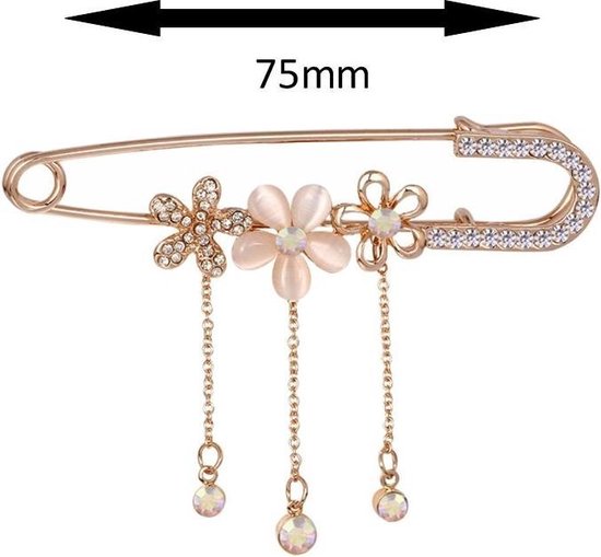Goudkleurige veiligheidsspeld van 75mm, versierd met kristallen bloemen en drie hangende druppels.
