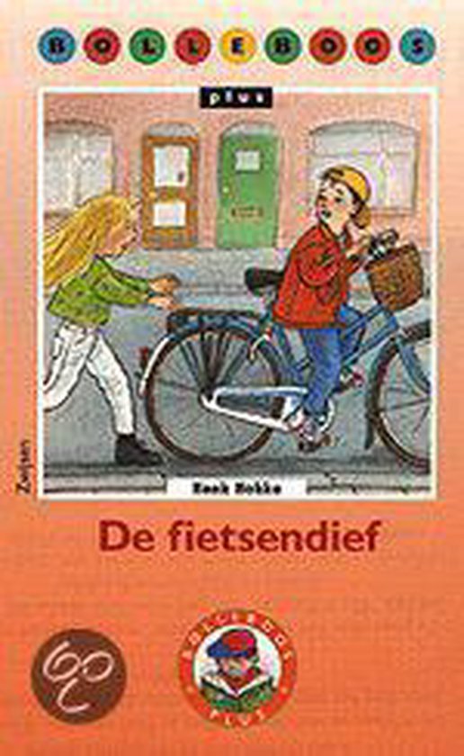 Een jongen op een fiets met een mandje wordt achtervolgd door een meisje met blond haar. Tekst: De fietsendief.