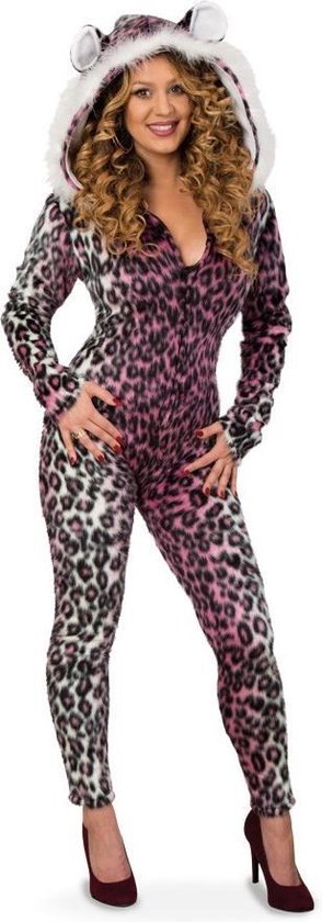 Panter jumpsuit met grote capuchon panterprint roze - maat 36 S - onesie  panterpak... | bol.com
