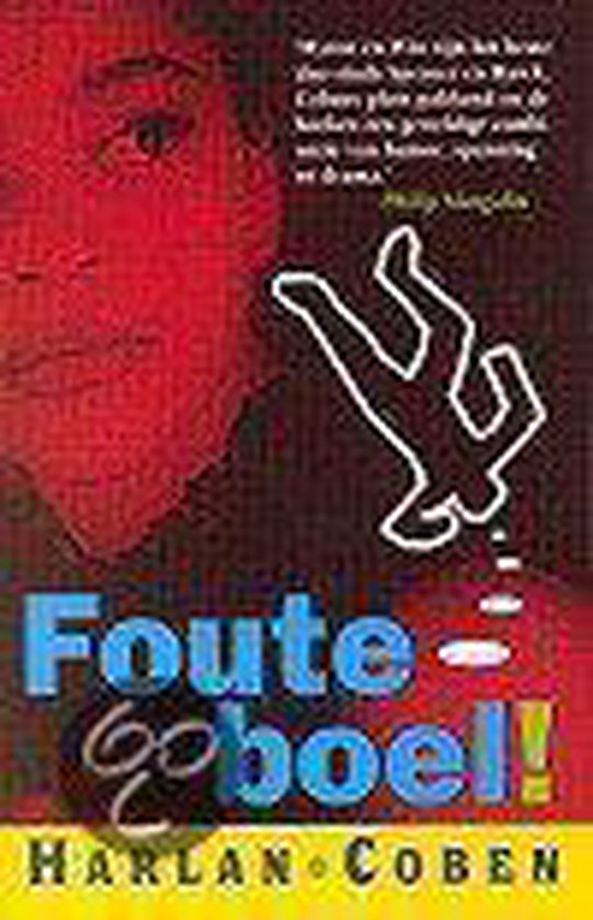 Boekomslag van 'Foute boel!' van Harlan Coben, met een rode achtergrond en een blauwe titel.