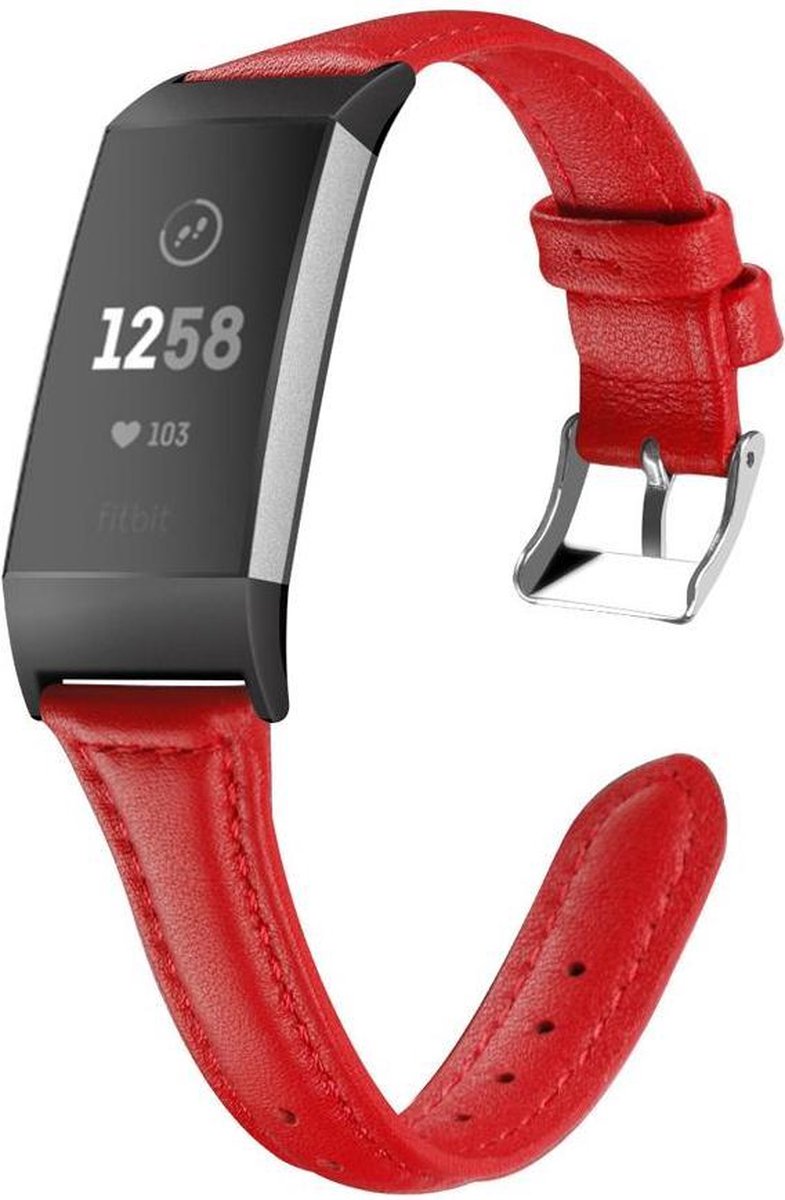 KELERINO. Leren band geschikt voor Fitbit Charge 3 Rood - Large