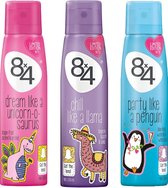 6 x 8x4 women Deo Spray dream like a unicorn-o-saurus - chill like a llama - party like a penguin 150 ml - Voordeelverpakking