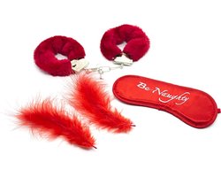 Banoch | Bondage Naughty Red | rode handboeien, blinddoek en streelveren