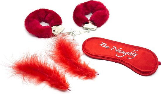 Banoch | Bondage Naughty Red | rode handboeien, blinddoek en streelveren