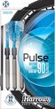 Emballage de trois fléchettes Harrows Pulse 90% tungstène, 18 grammes, avec des ailerons bleus.
