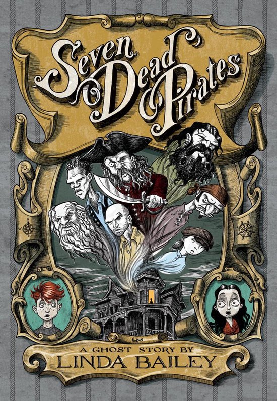 Boekomslag van 'Seven Dead Pirates', met de titel en illustraties van piraten en een spookhuis.