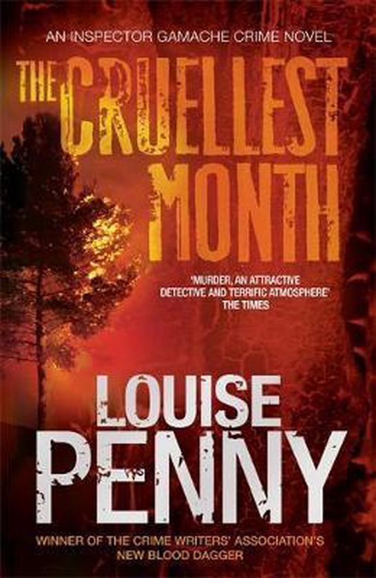 Boekomslag 'The Cruellest Month' van Louise Penny met een donkere, rood-oranje achtergrond en een boom.