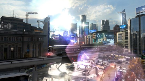 Futuristische stad met hoge gebouwen, monorail en vliegende auto's.
